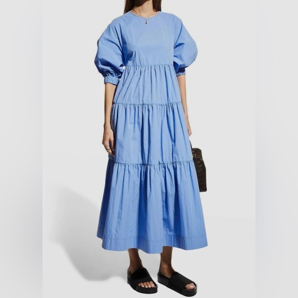 Co Essentials Women Blue Tiered Bubble Sleeve Midi Dress